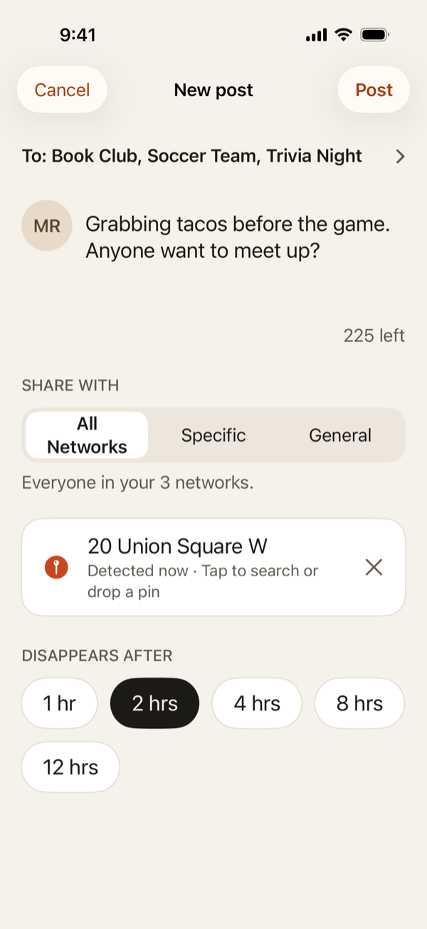 Writing a new post: a short message, a place, who to share it with, and how long until it disappears, from 1 to 12 hours.