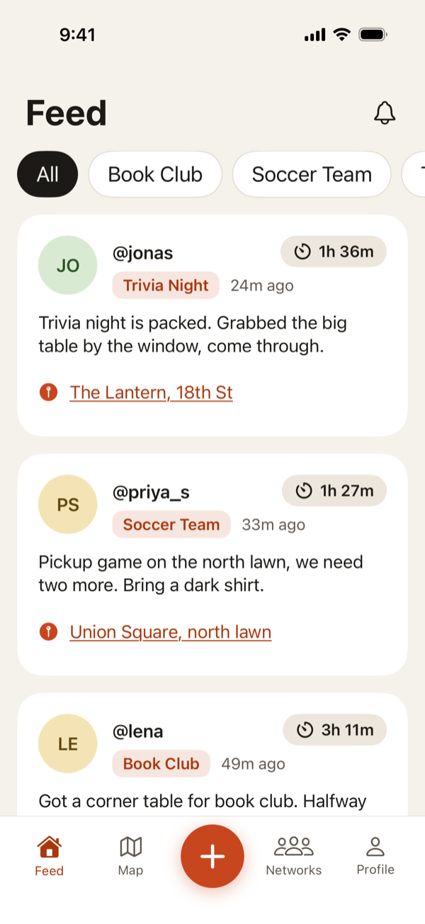The Hereabouts feed, showing check-ins from friends in a trivia group, a soccer team and a book club, each with time left before it disappears.