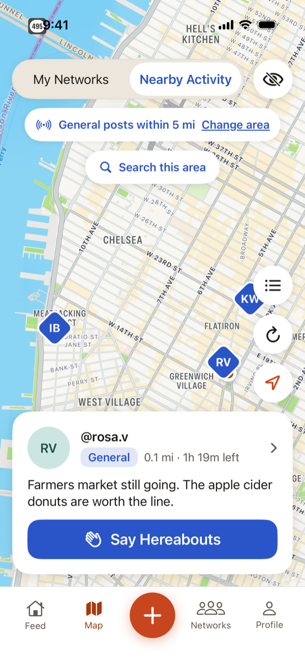 The Nearby Activity map, showing public check-ins within 5 miles and a Say Hereabouts button for asking to connect.
